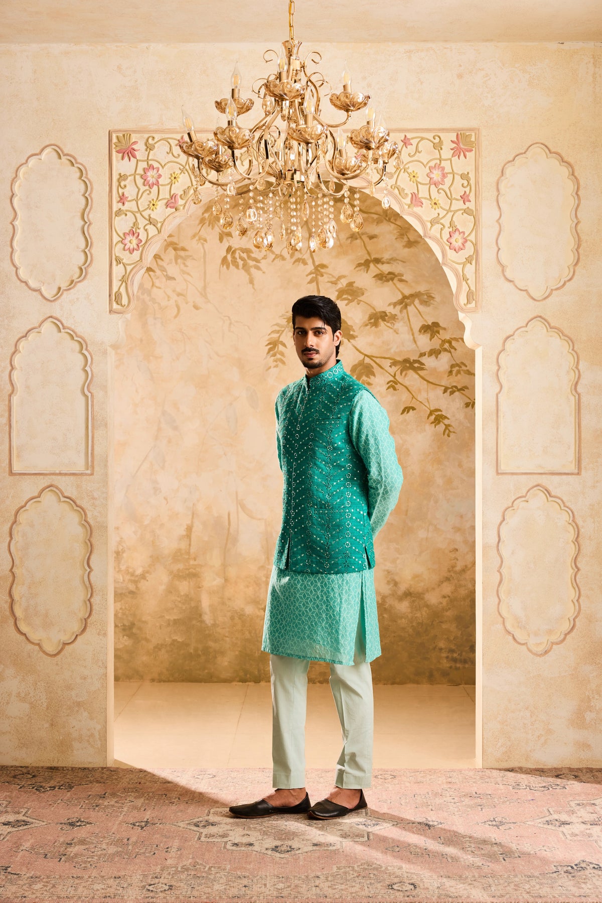 EMBROIDERED TEAL MIRRORWORK BUNDI WITH KURTA TROUSER