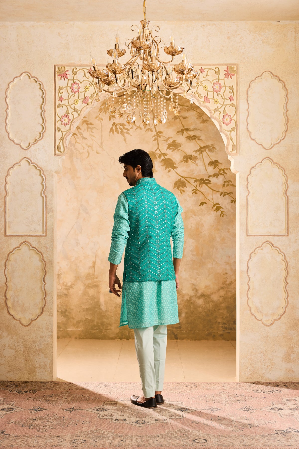 EMBROIDERED TEAL MIRRORWORK BUNDI WITH KURTA TROUSER