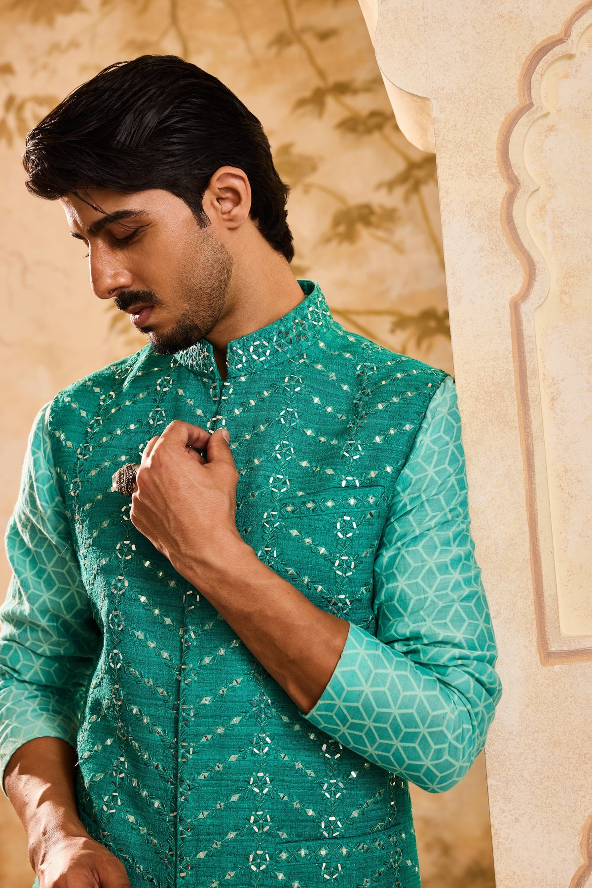 EMBROIDERED TEAL MIRRORWORK BUNDI WITH KURTA TROUSER