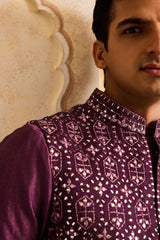 EMBROIDERED WINE MIRRORWORK BUNDI JACKET WITH KURTA AND PANT