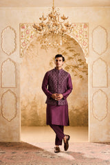 EMBROIDERED WINE MIRRORWORK BUNDI JACKET WITH KURTA AND PANT