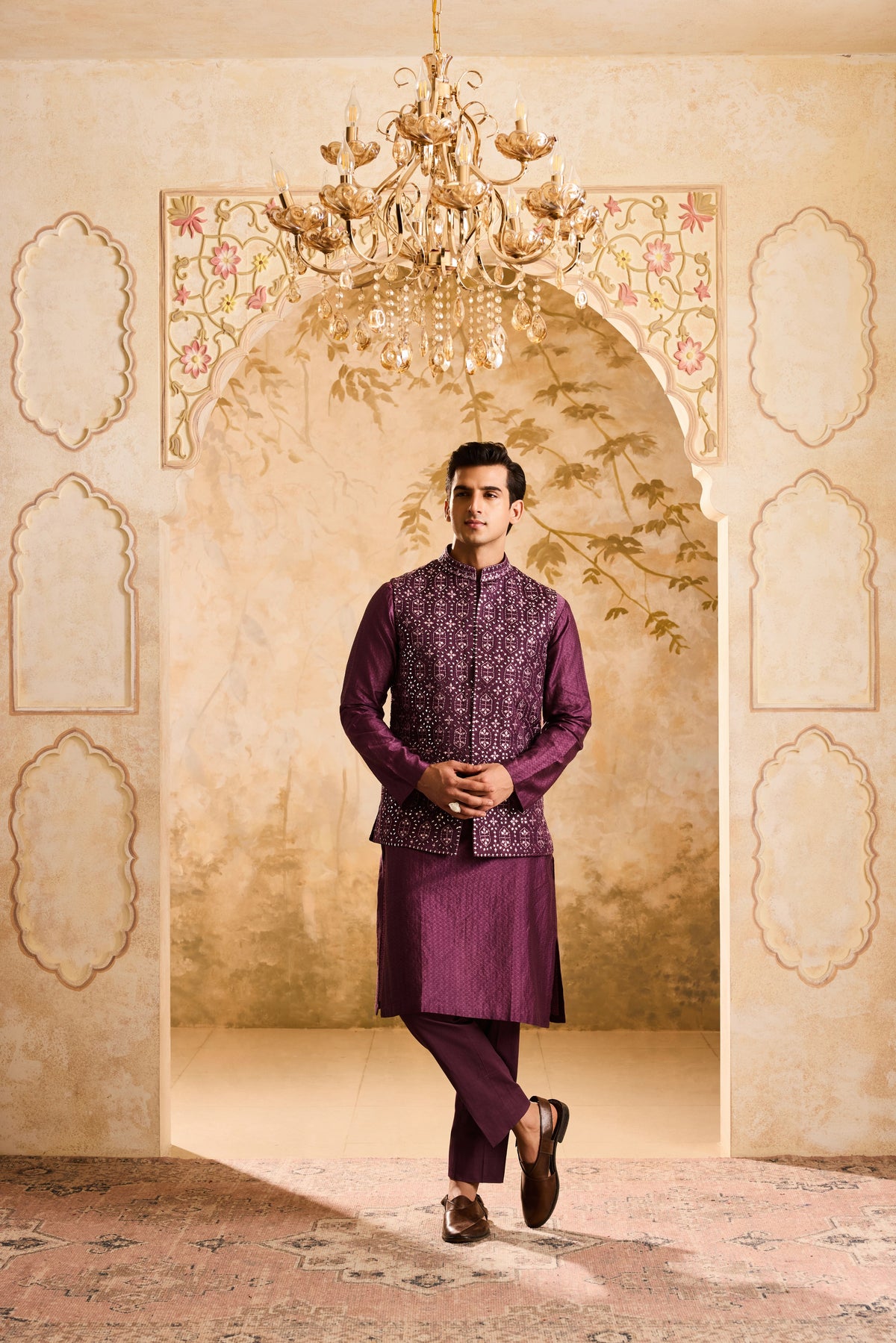 EMBROIDERED WINE MIRRORWORK BUNDI JACKET WITH KURTA AND PANT