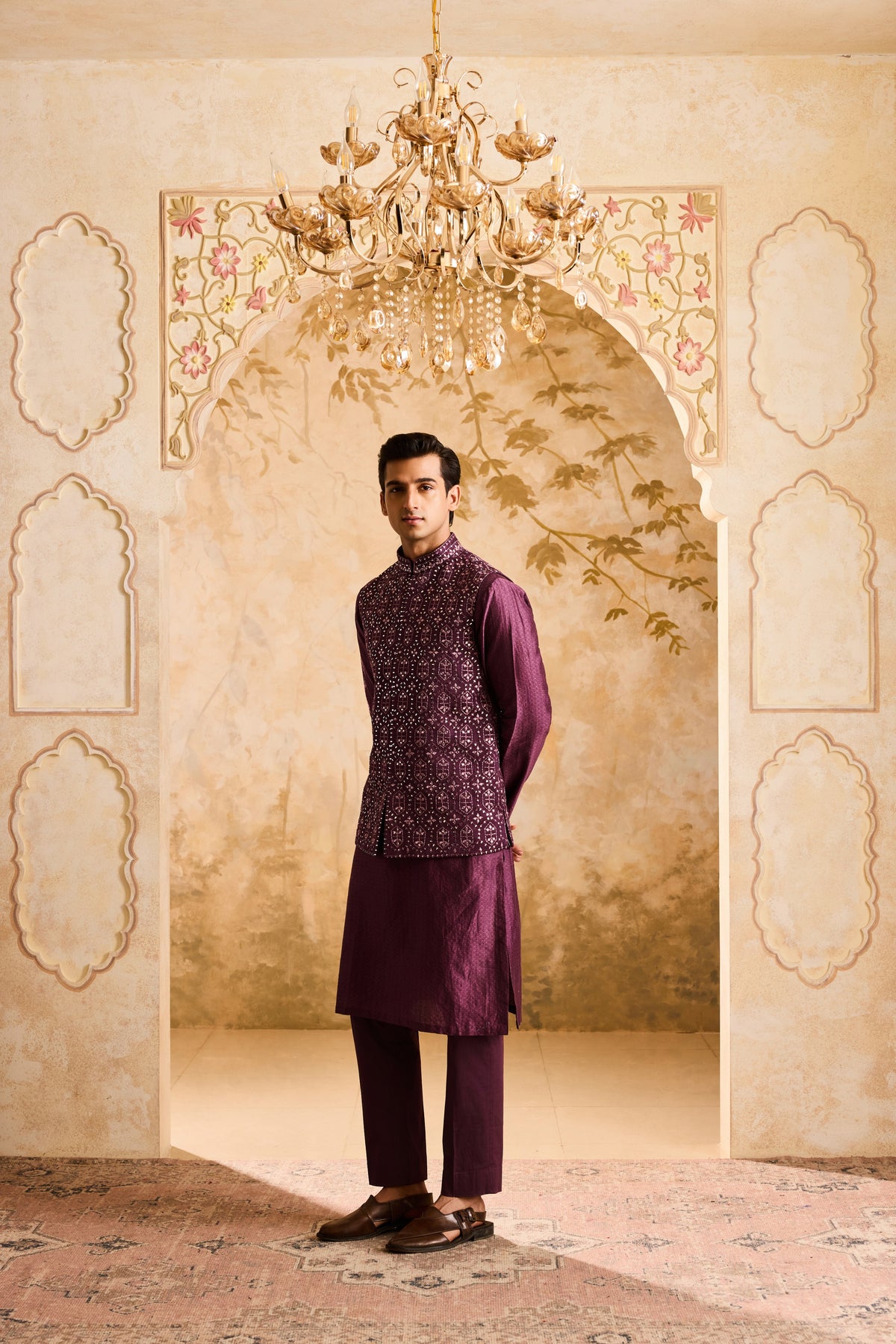 EMBROIDERED WINE MIRRORWORK BUNDI JACKET WITH KURTA AND PANT
