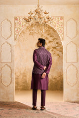 EMBROIDERED WINE MIRRORWORK BUNDI JACKET WITH KURTA AND PANT
