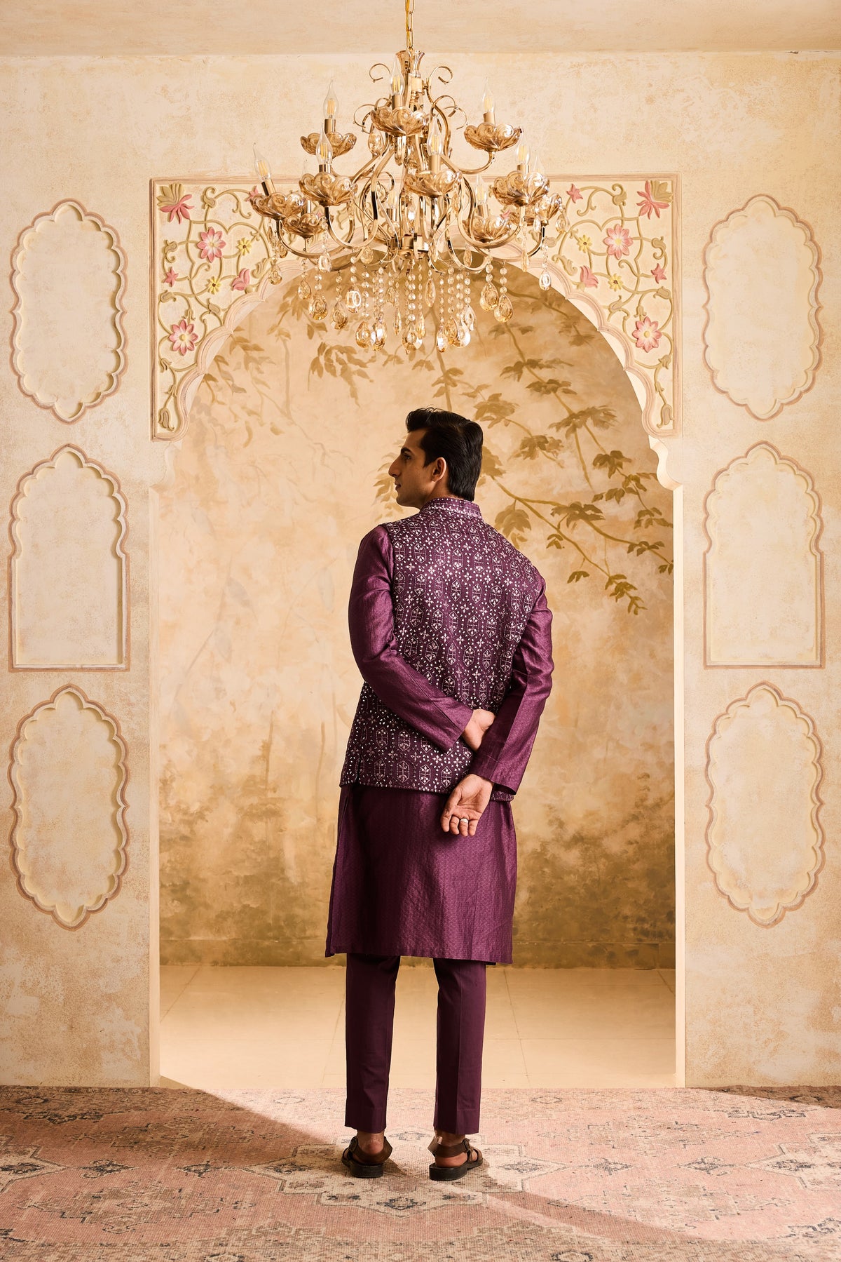 EMBROIDERED WINE MIRRORWORK BUNDI JACKET WITH KURTA AND PANT