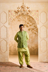 EMBROIDERED LIGHT GREEN MIRRORWORK BUNDI JACKET WITH KURTA SALWAR