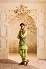 EMBROIDERED LIGHT GREEN MIRRORWORK BUNDI JACKET WITH KURTA SALWAR