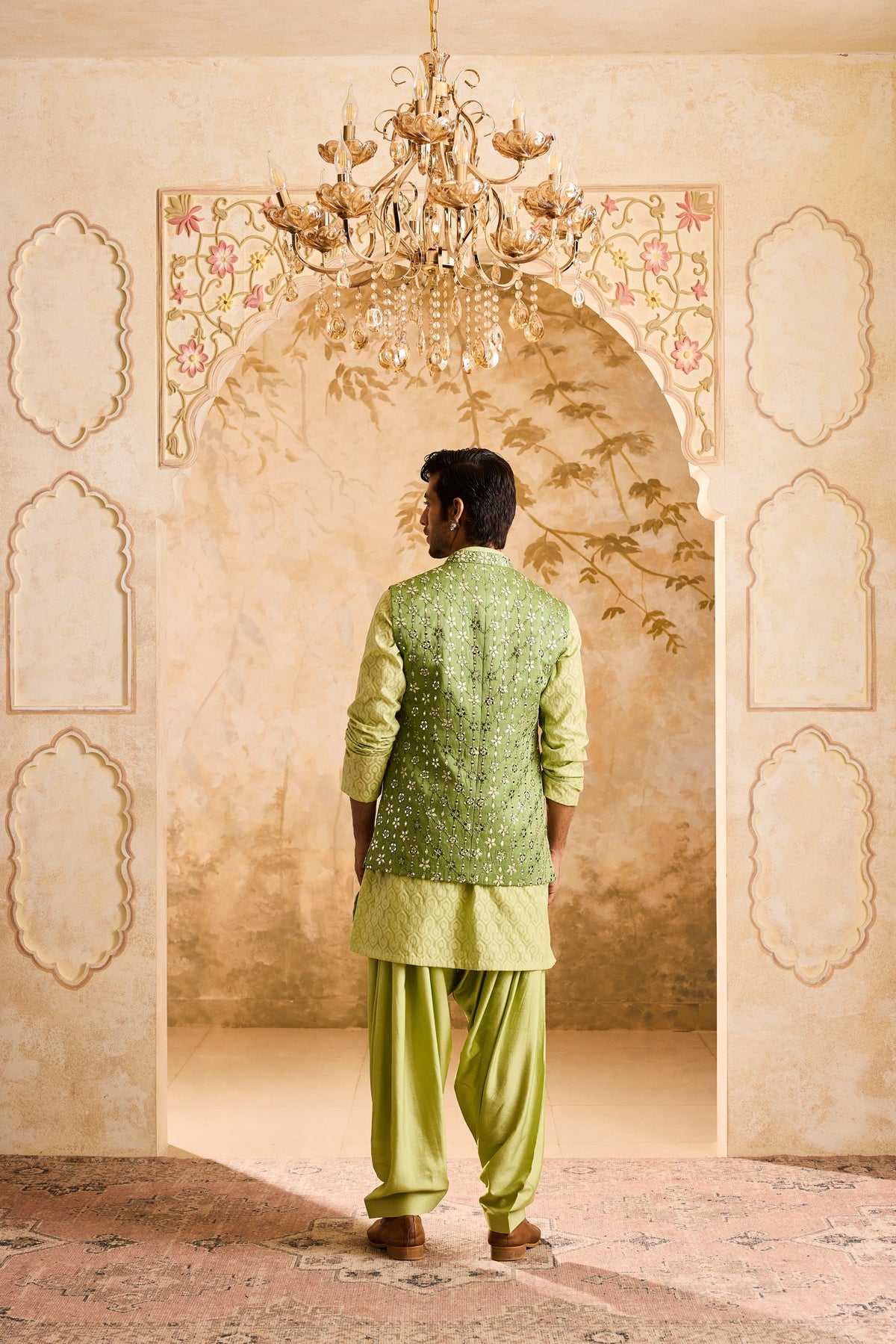 EMBROIDERED LIGHT GREEN MIRRORWORK BUNDI JACKET WITH KURTA SALWAR