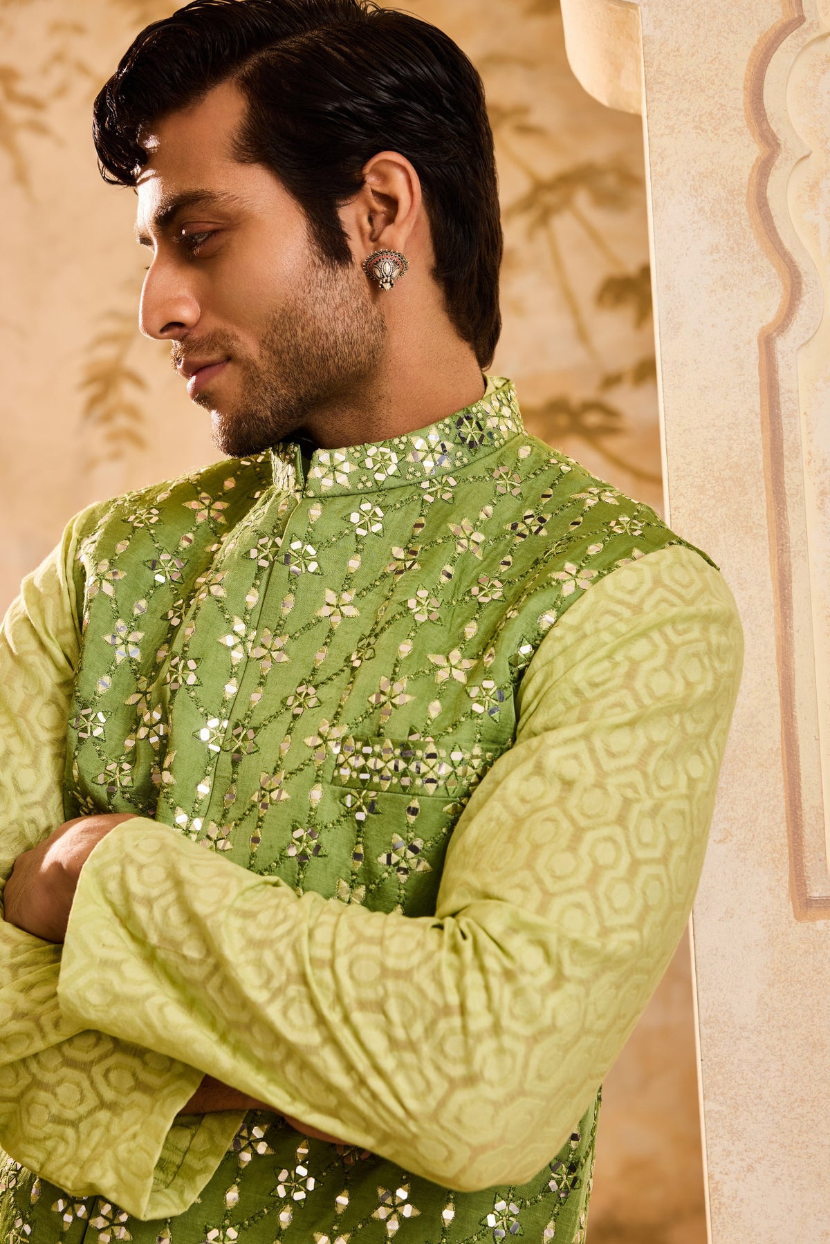 EMBROIDERED LIGHT GREEN MIRRORWORK BUNDI JACKET WITH KURTA SALWAR