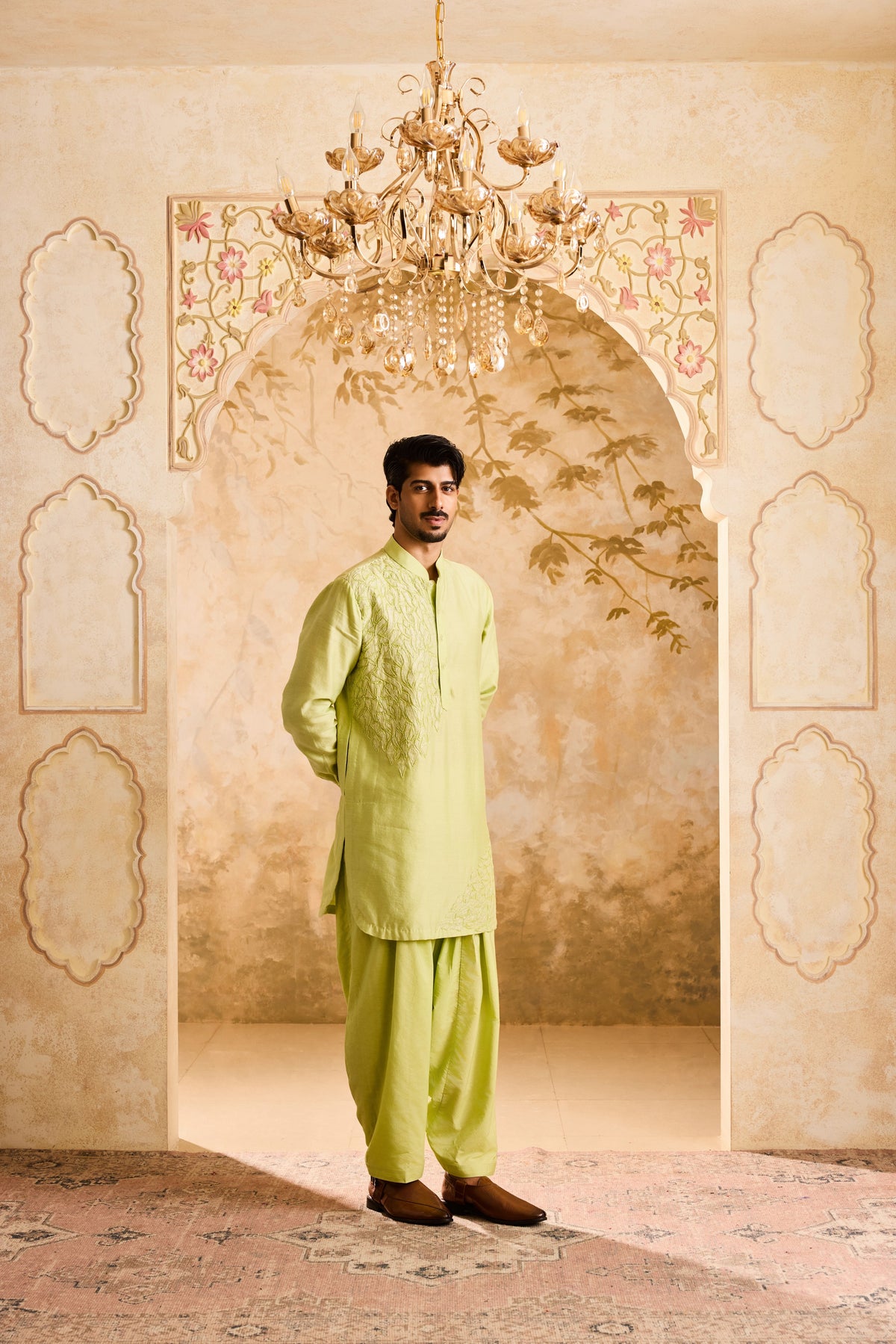 EMBROIDERED LIME GREEN APPLIQUE WORK KURTA SALWAR