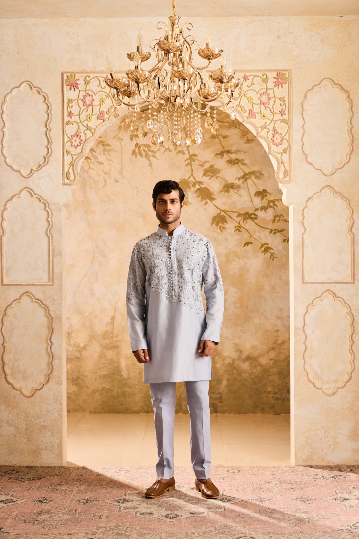 EMBROIDERED POWDER BLUE APPLIQUE WORK WITH TROUSER