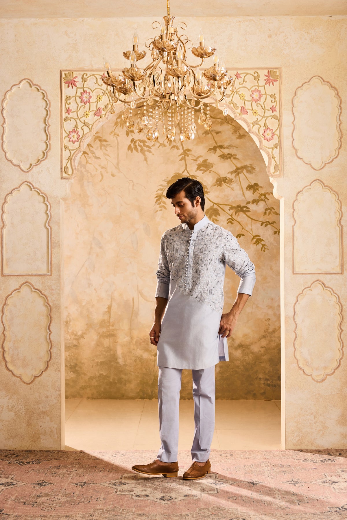 EMBROIDERED POWDER BLUE APPLIQUE WORK WITH TROUSER