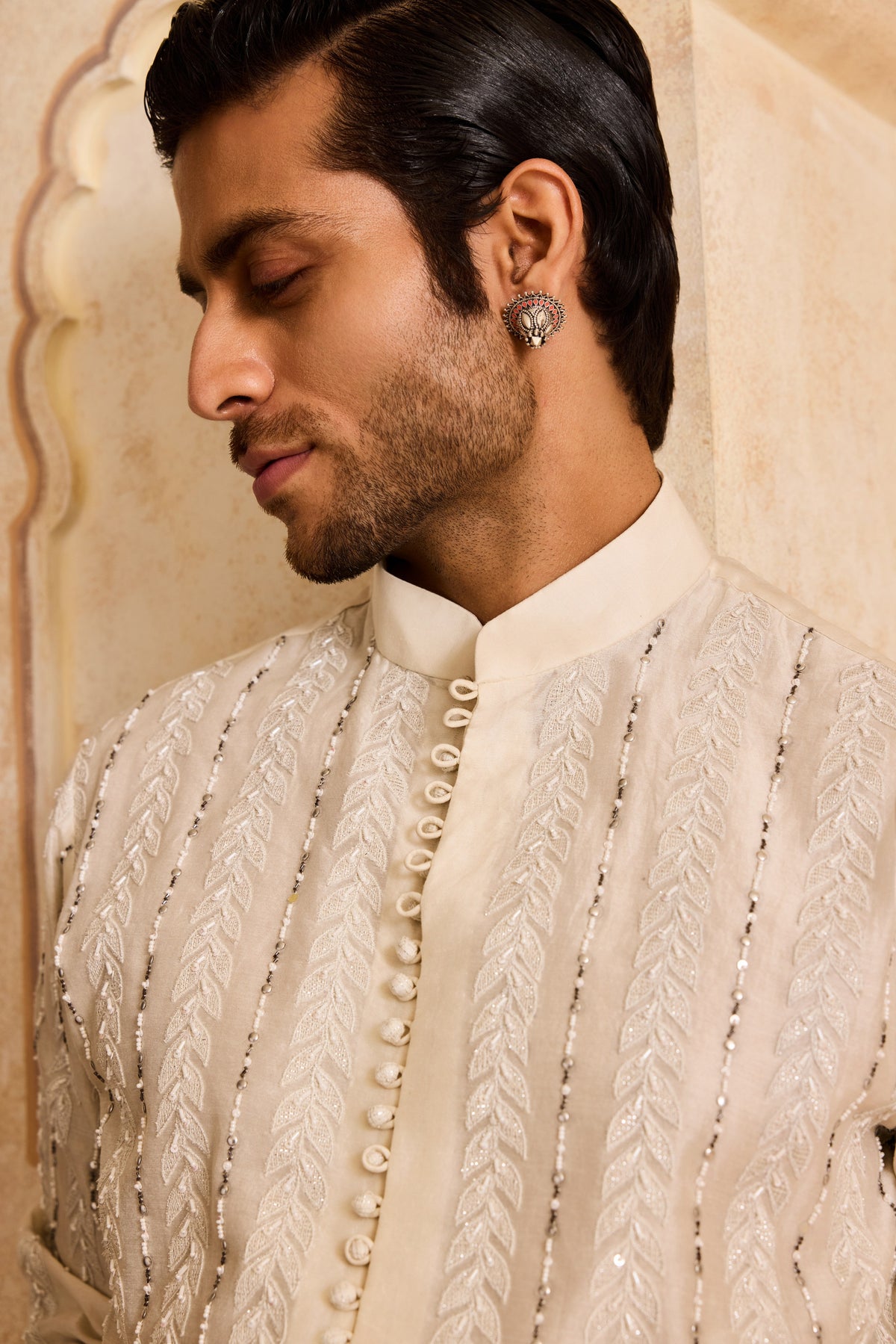 EMBROIDERED IVORY APPLIQUE WORK KURTA CHURIDAR