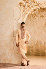 EMBROIDERED BEIGE PINTUCKED KURTA WITH CHURIDAR
