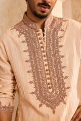 EMBROIDERED BEIGE PINTUCKED KURTA WITH CHURIDAR
