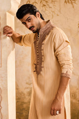 EMBROIDERED BEIGE PINTUCKED KURTA WITH CHURIDAR