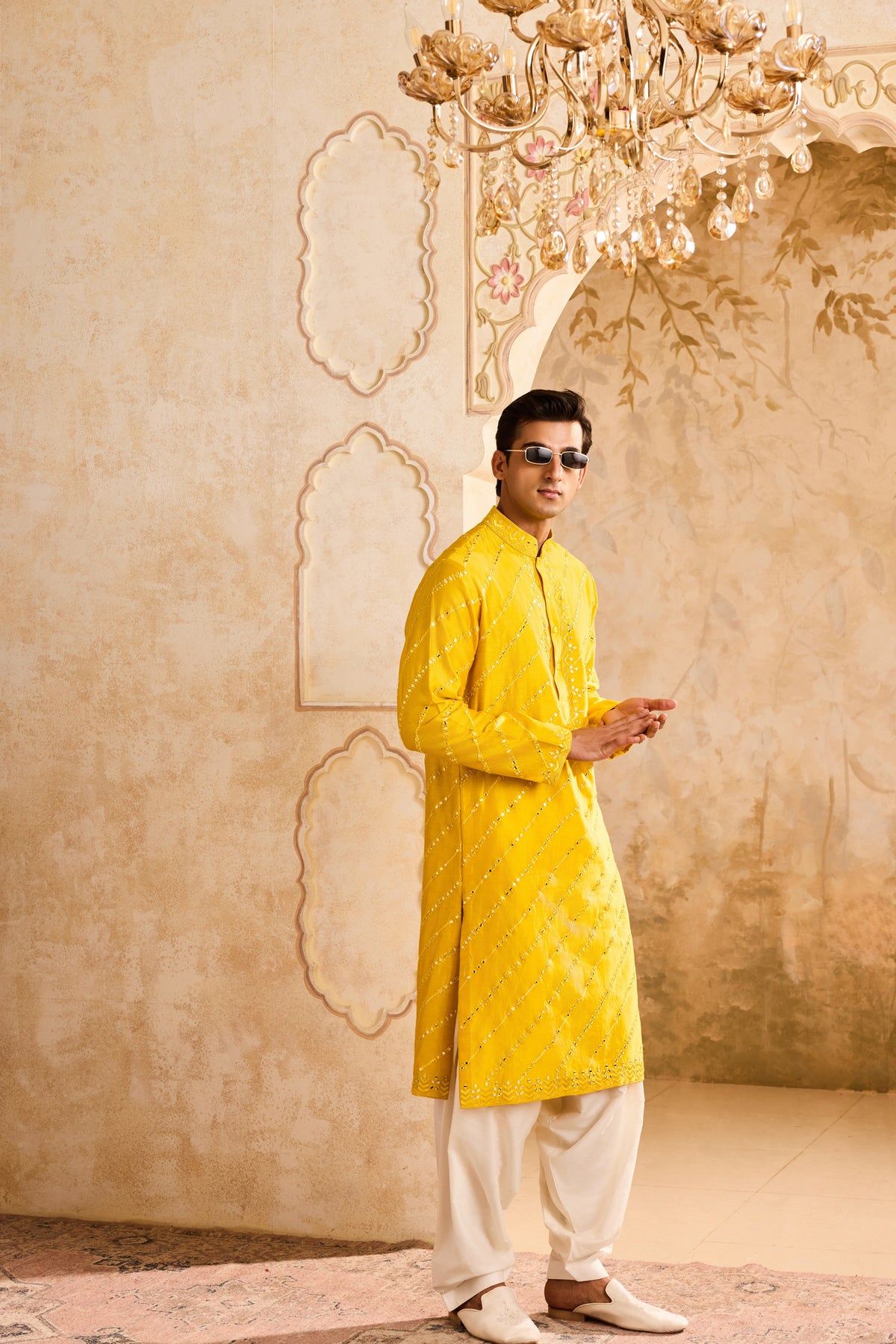 EMBROIDERED YELLOW MIRRORWORK KURTA WITH SALWAR