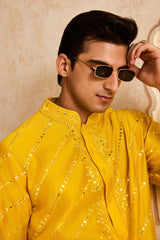 EMBROIDERED YELLOW MIRRORWORK KURTA WITH SALWAR