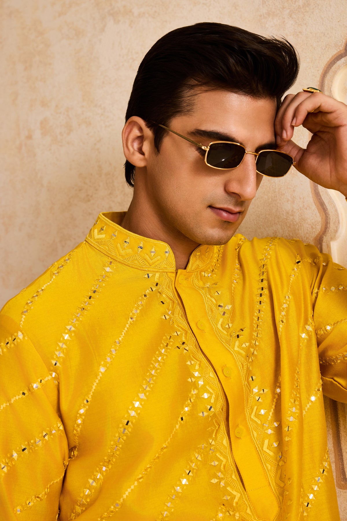 EMBROIDERED YELLOW MIRRORWORK KURTA WITH SALWAR