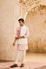 IVORY 3-D EMBROIDERED FLORAL WORK BUNDI WITH PINK KURTA CHURIDAR