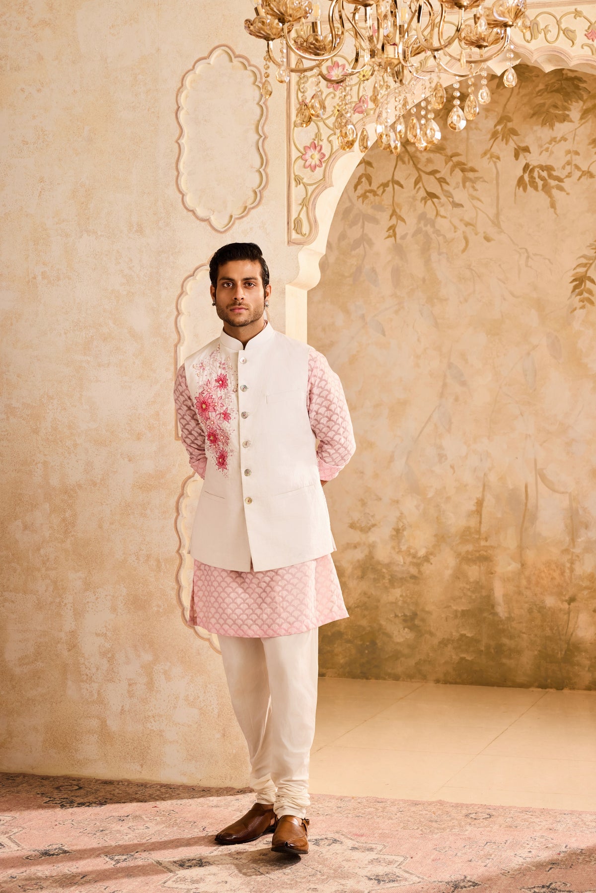 IVORY 3-D EMBROIDERED FLORAL WORK BUNDI WITH PINK KURTA CHURIDAR