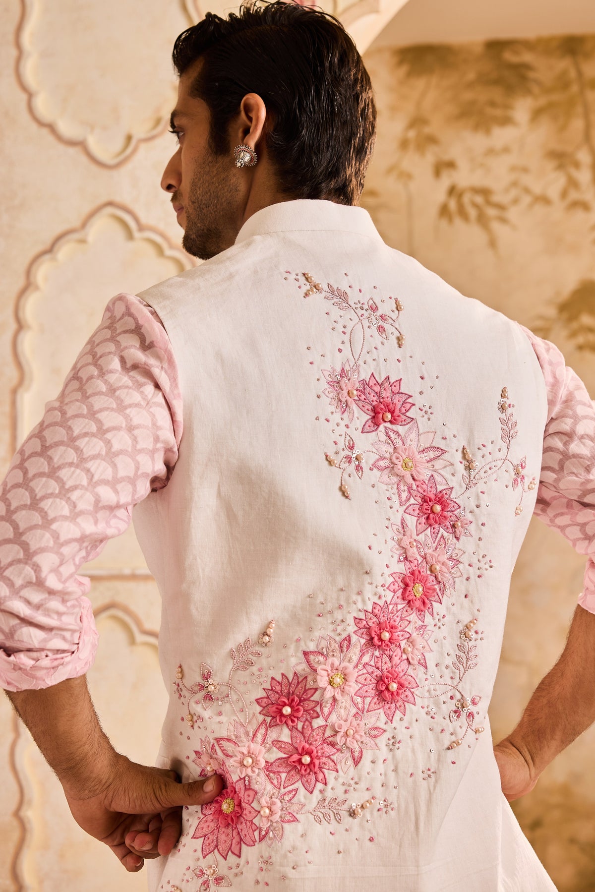 IVORY 3-D EMBROIDERED FLORAL WORK BUNDI WITH PINK KURTA CHURIDAR