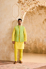 GREEN 3-D EMBROIDERED FLORAL WORK BUNDI WITH YELLOW KURTA PANT