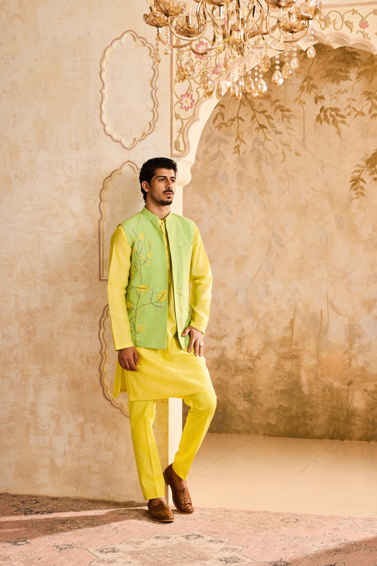 GREEN 3-D EMBROIDERED FLORAL WORK BUNDI WITH YELLOW KURTA PANT
