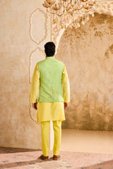 GREEN 3-D EMBROIDERED FLORAL WORK BUNDI WITH YELLOW KURTA PANT