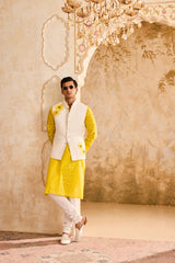 IVORY 3-D EMBROIDERED FLORAL WORK BUNDI WITH YELLOW KURTA CHURIDAR