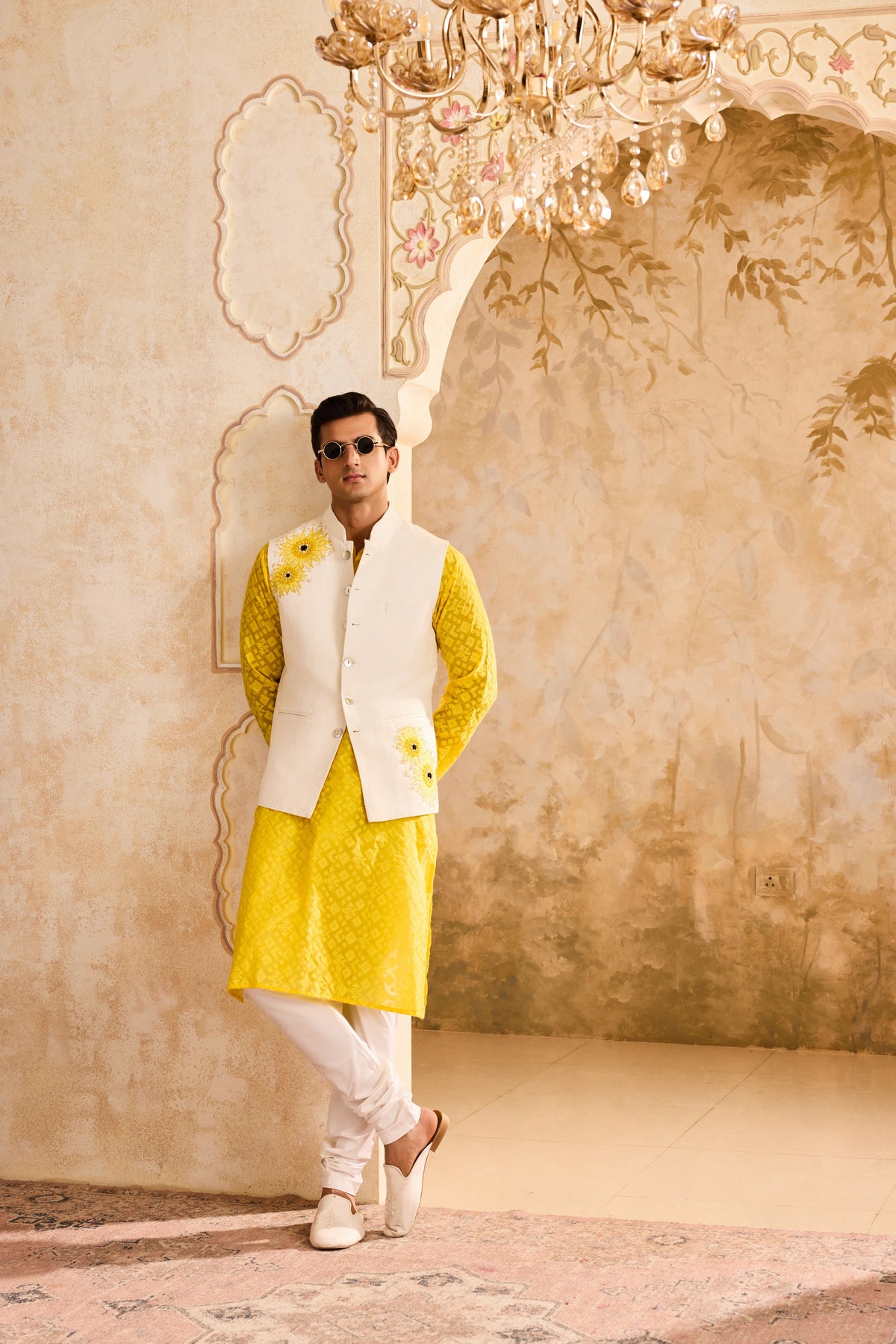 IVORY 3-D EMBROIDERED FLORAL WORK BUNDI WITH YELLOW KURTA CHURIDAR
