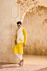 IVORY 3-D EMBROIDERED FLORAL WORK BUNDI WITH YELLOW KURTA CHURIDAR