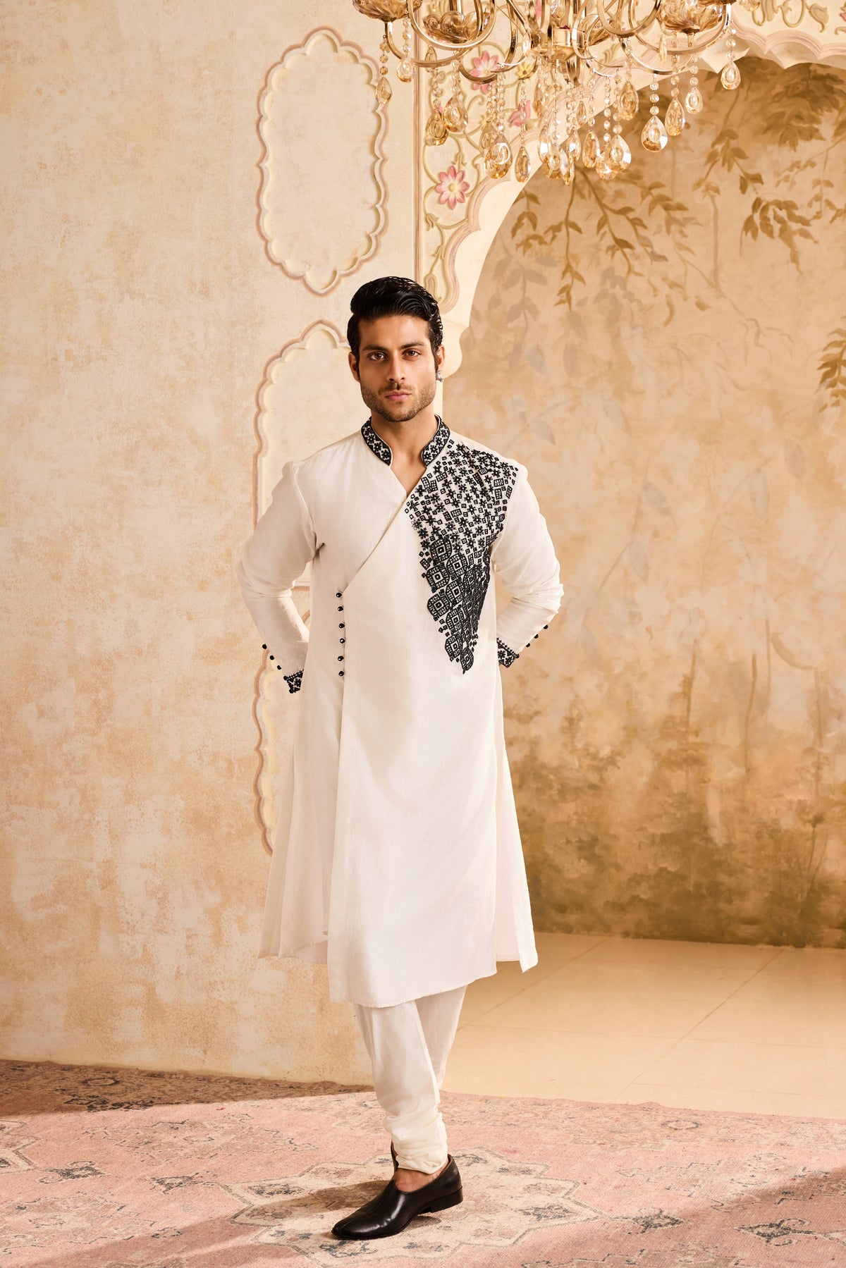 EMBROIDERED WHITE ANGRAKHA KURTA CHURIDAR