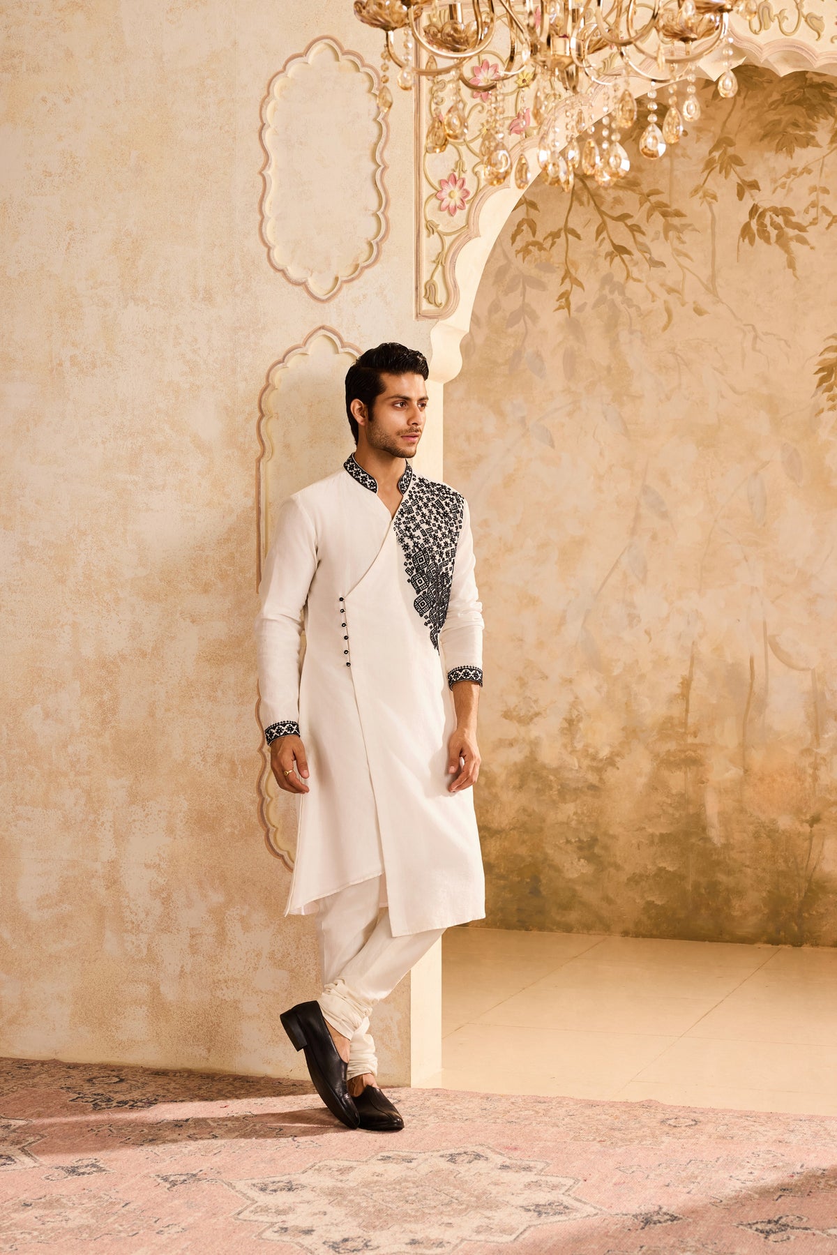 EMBROIDERED WHITE ANGRAKHA KURTA CHURIDAR