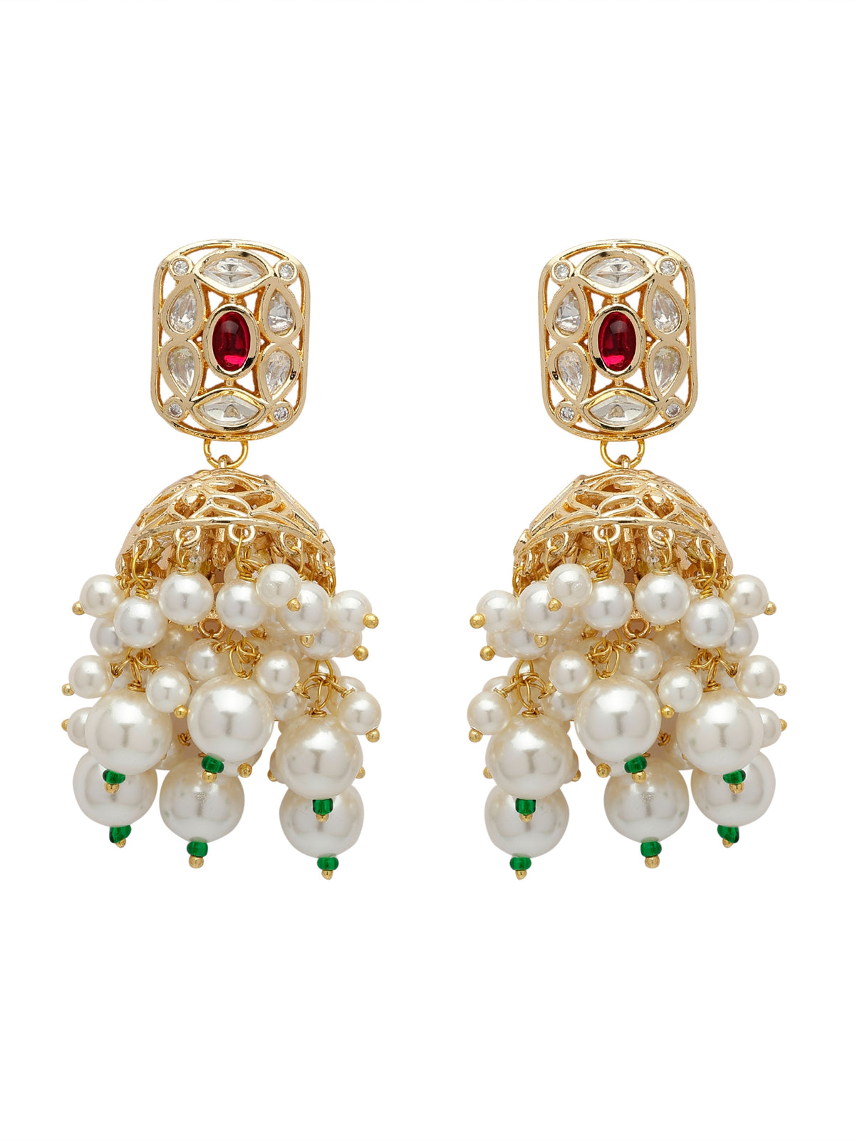 Xago Elegant Ruby Accent & Pearl Droplet Jhumka Earrings