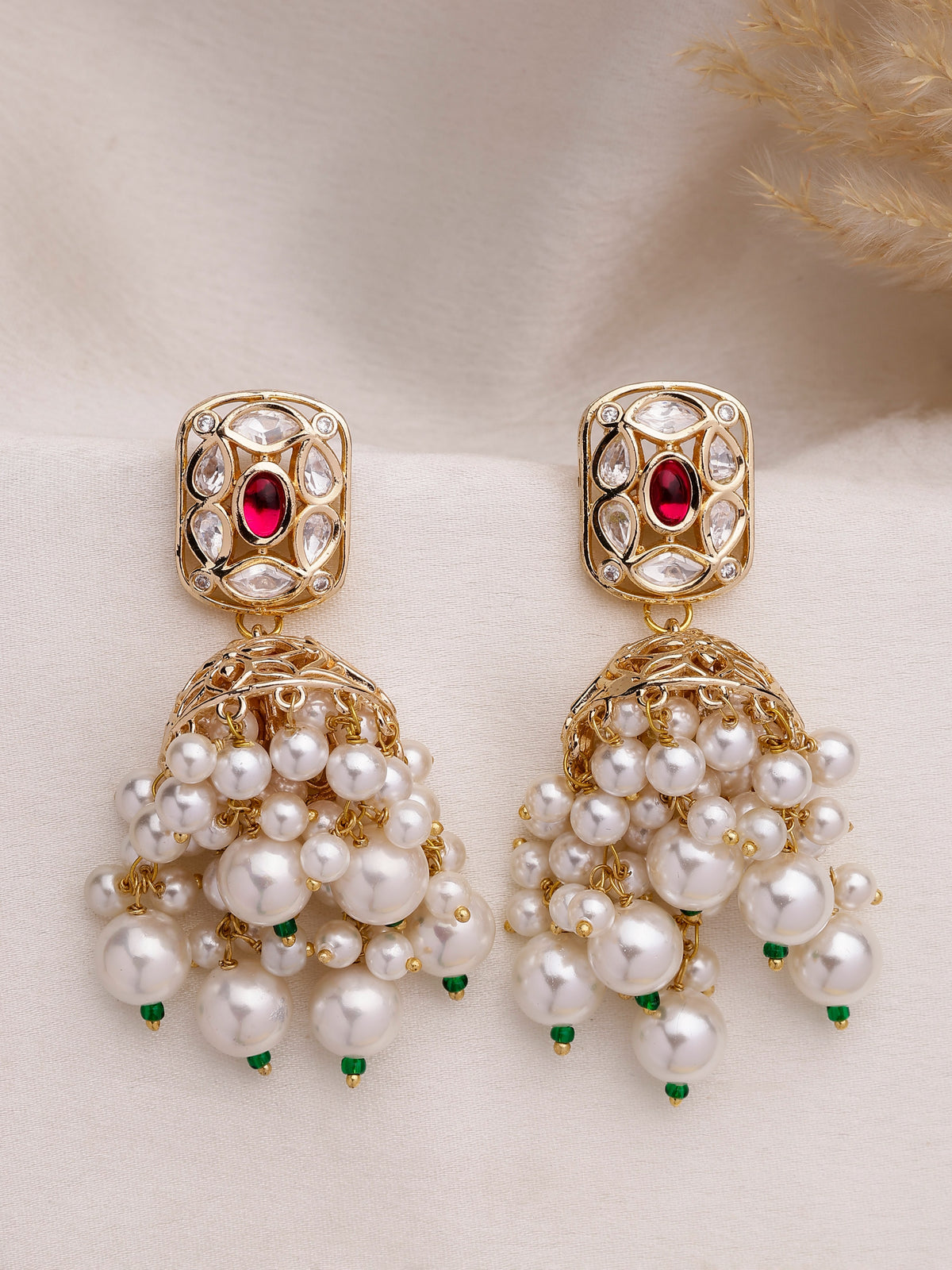 Xago Elegant Ruby Accent & Pearl Droplet Jhumka Earrings