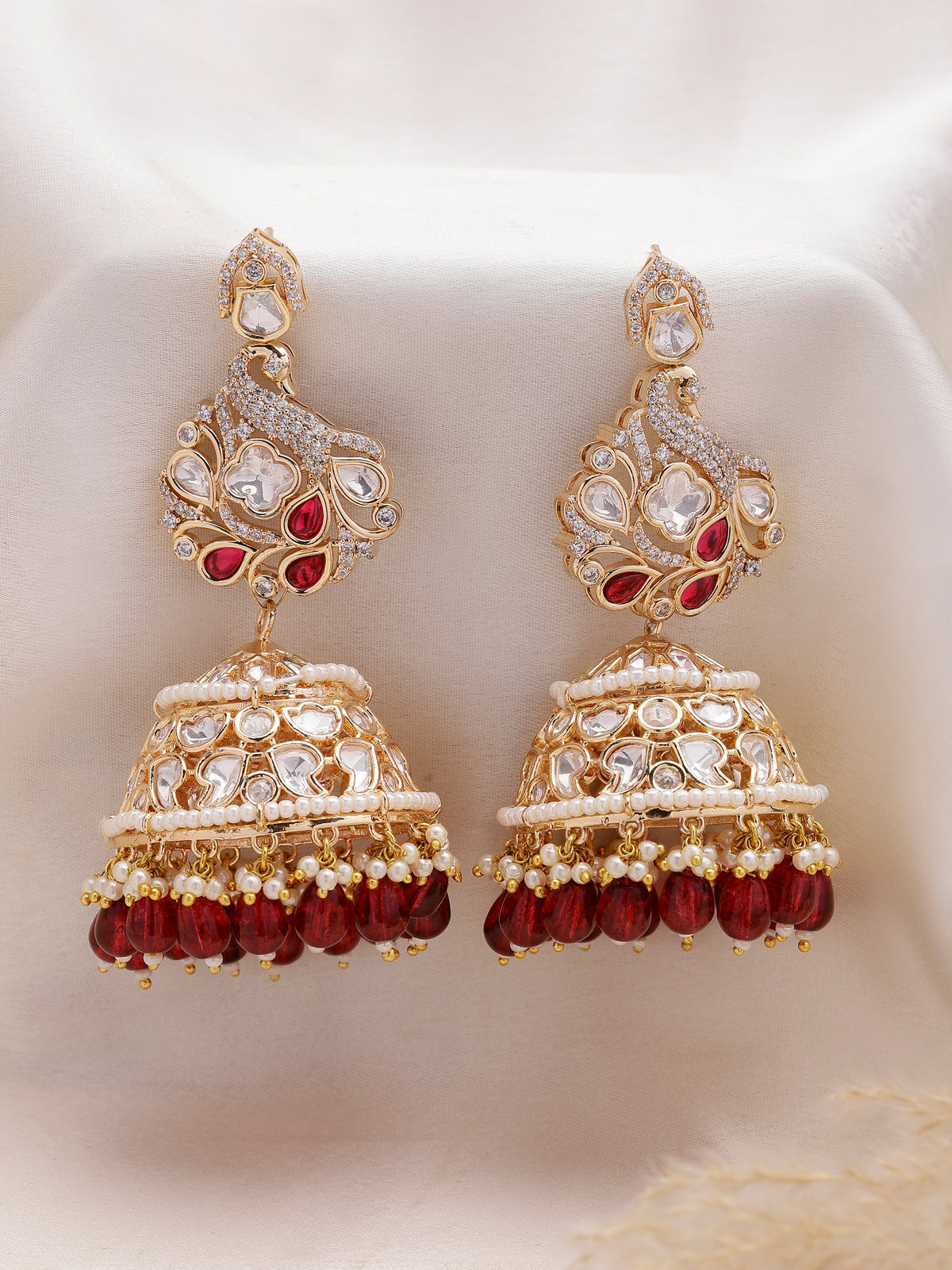 Xago Mayuraragini Kundan Peacock Jhumka Earrings With Ruby Drops