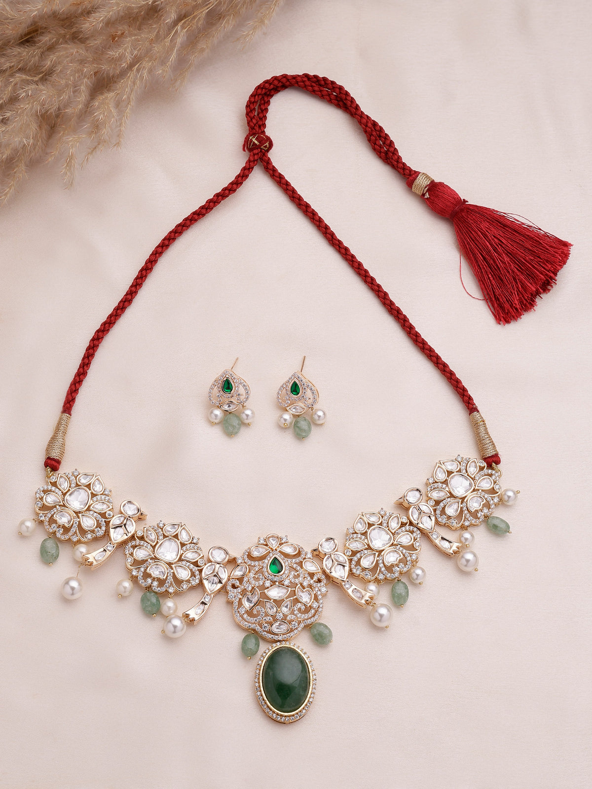 Xago Elegant Green Stone & Pearl Kundan-Style Choker Necklace Set