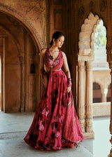 Pink Floral organza embroidered anarkali set