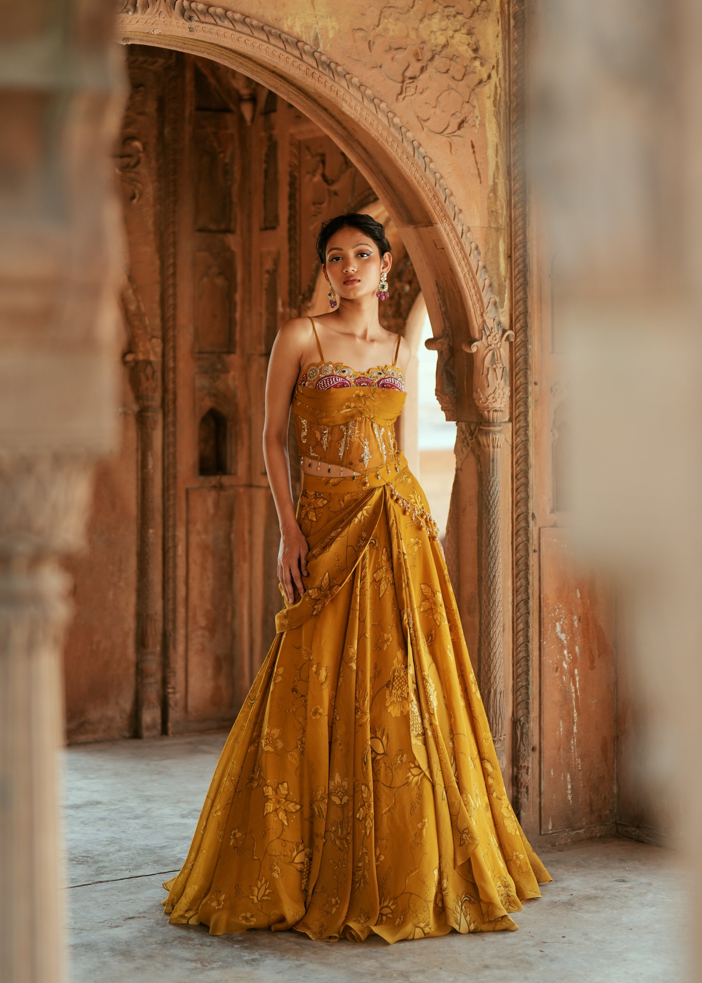 gold Floral organza embroidered
printed lehenga set