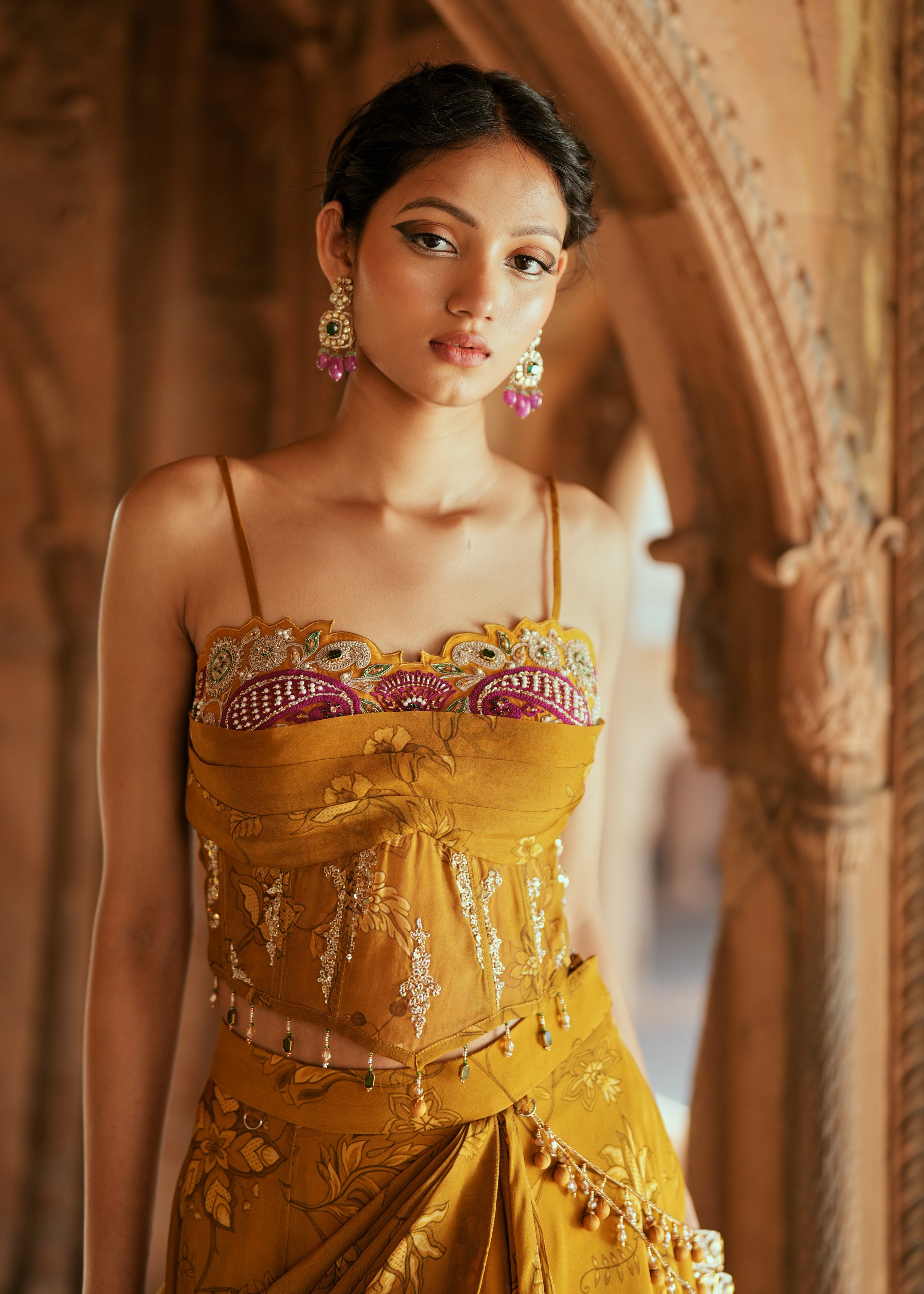 gold Floral organza embroidered
printed lehenga set