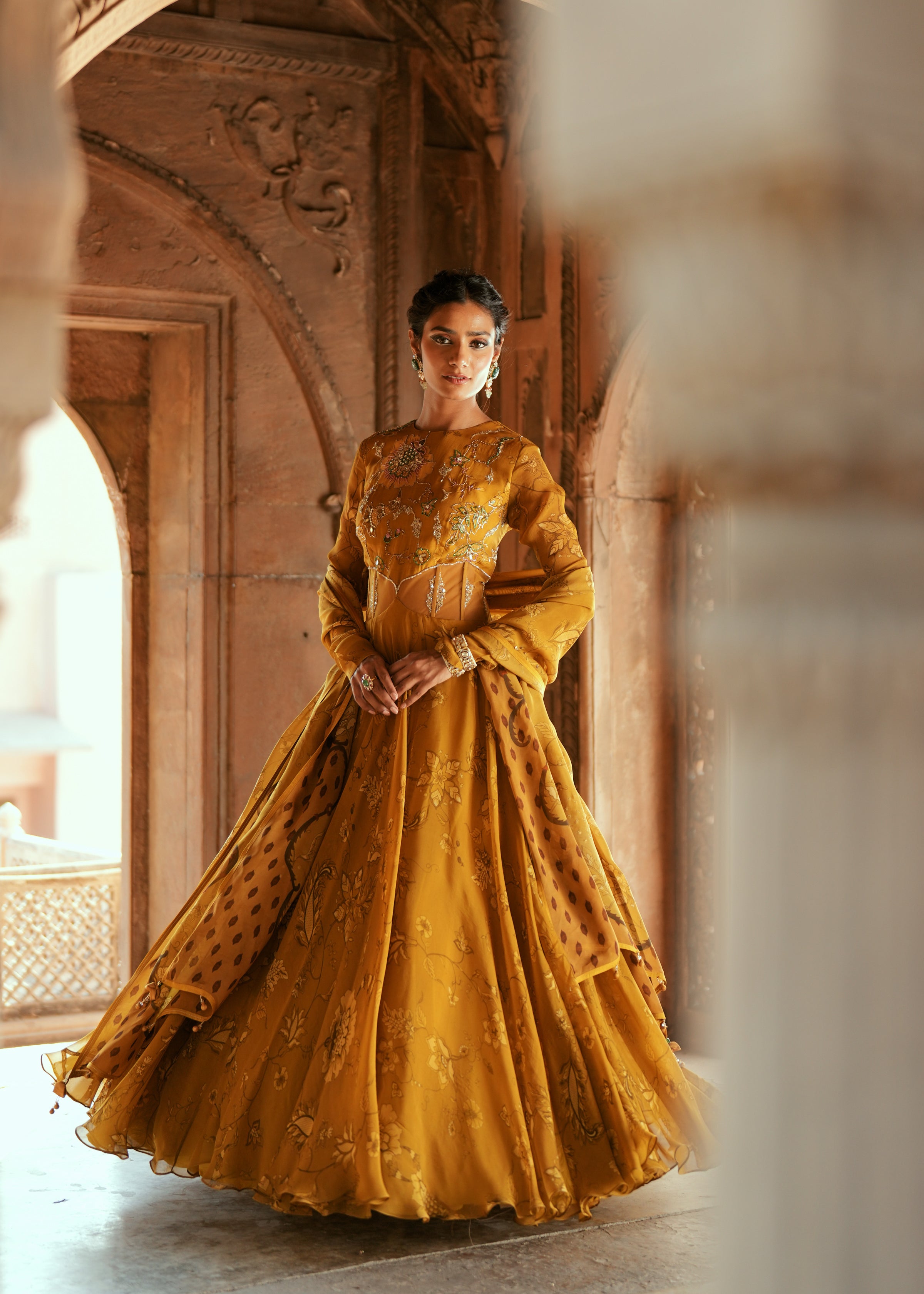 Golden Floral organza embroidered anarkali set