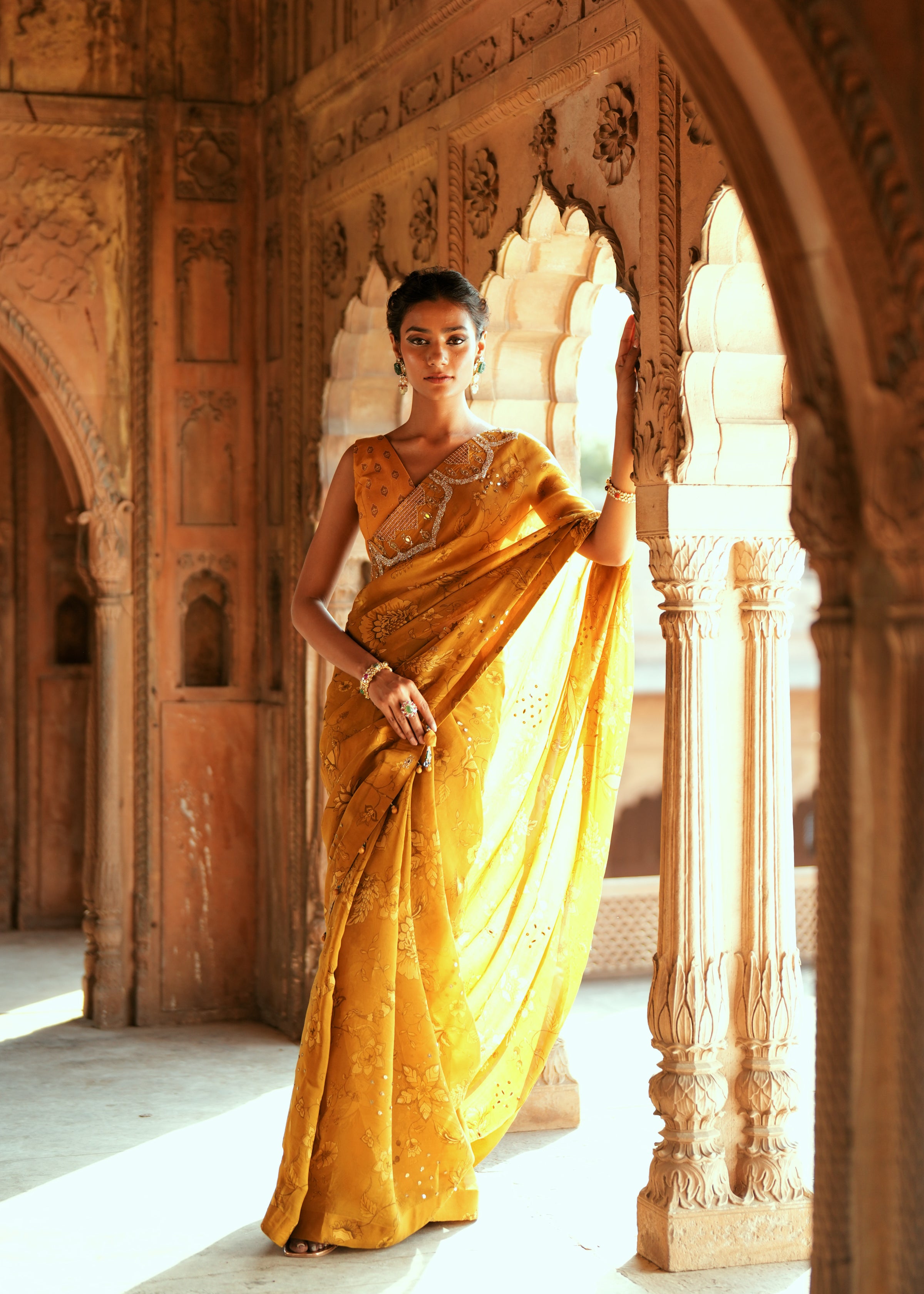 Golden Floral organza embroidered saree set