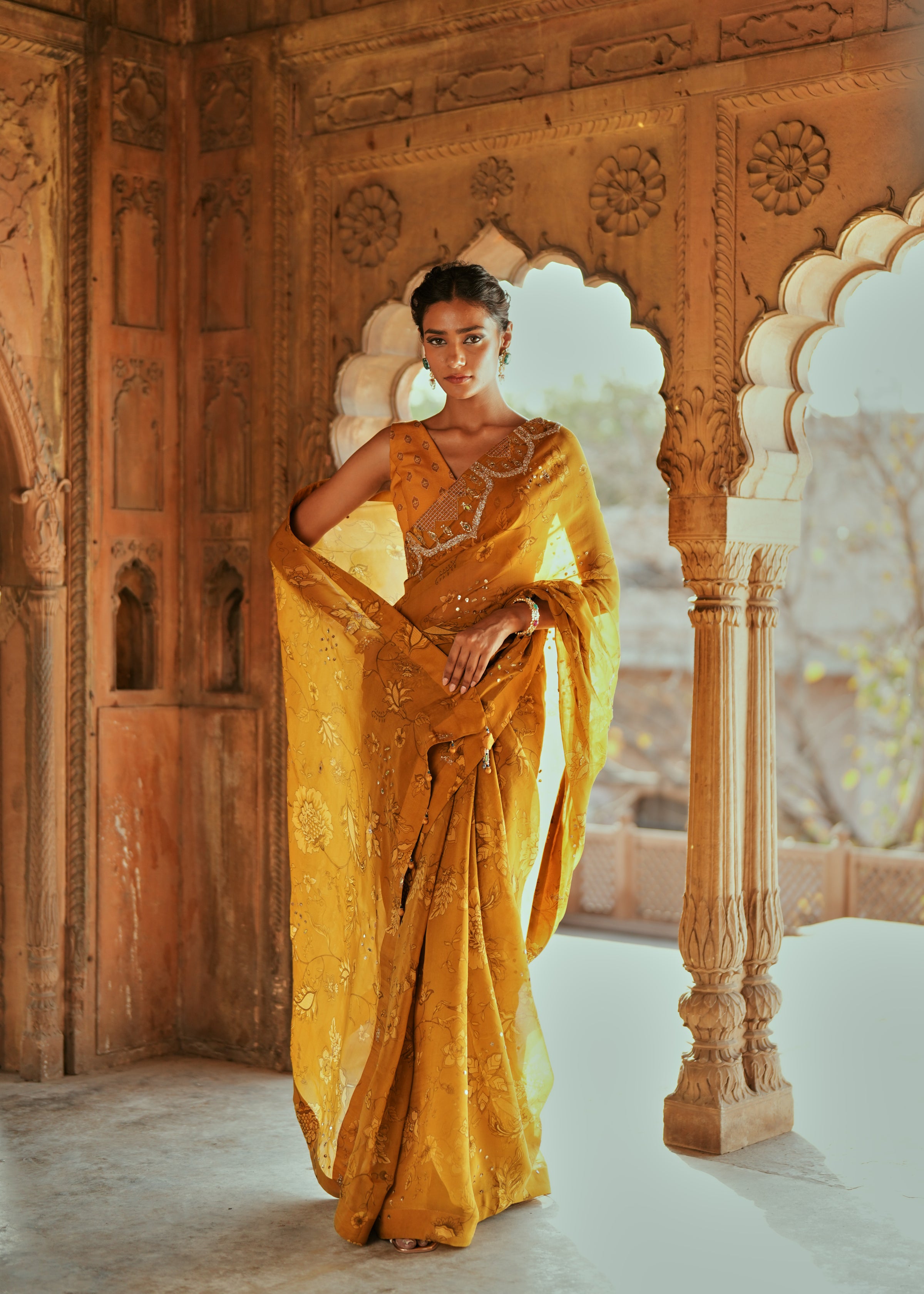 Golden Floral organza embroidered saree set