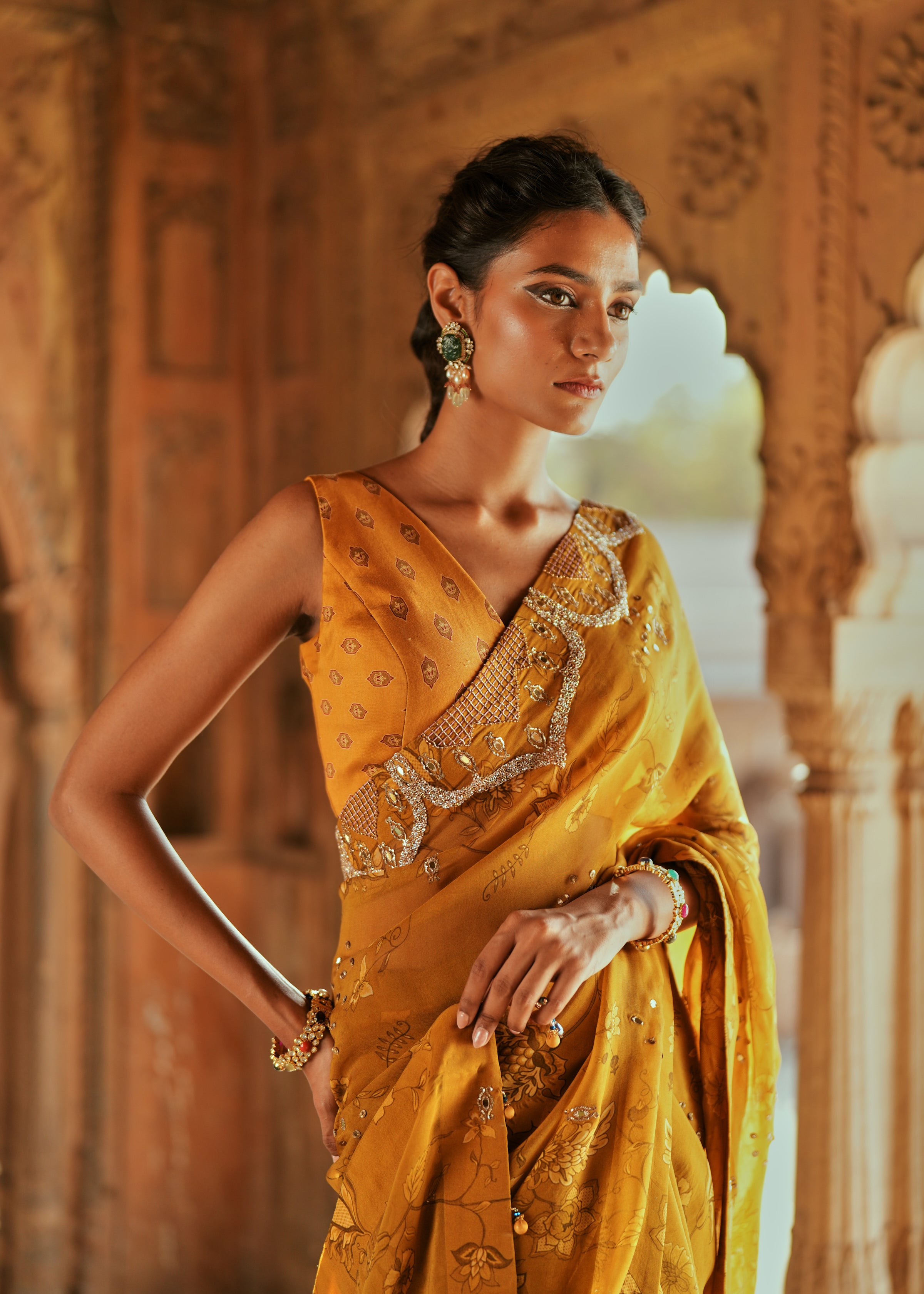 Golden Floral organza embroidered saree set