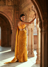 Golden Floral organza embroidered saree set