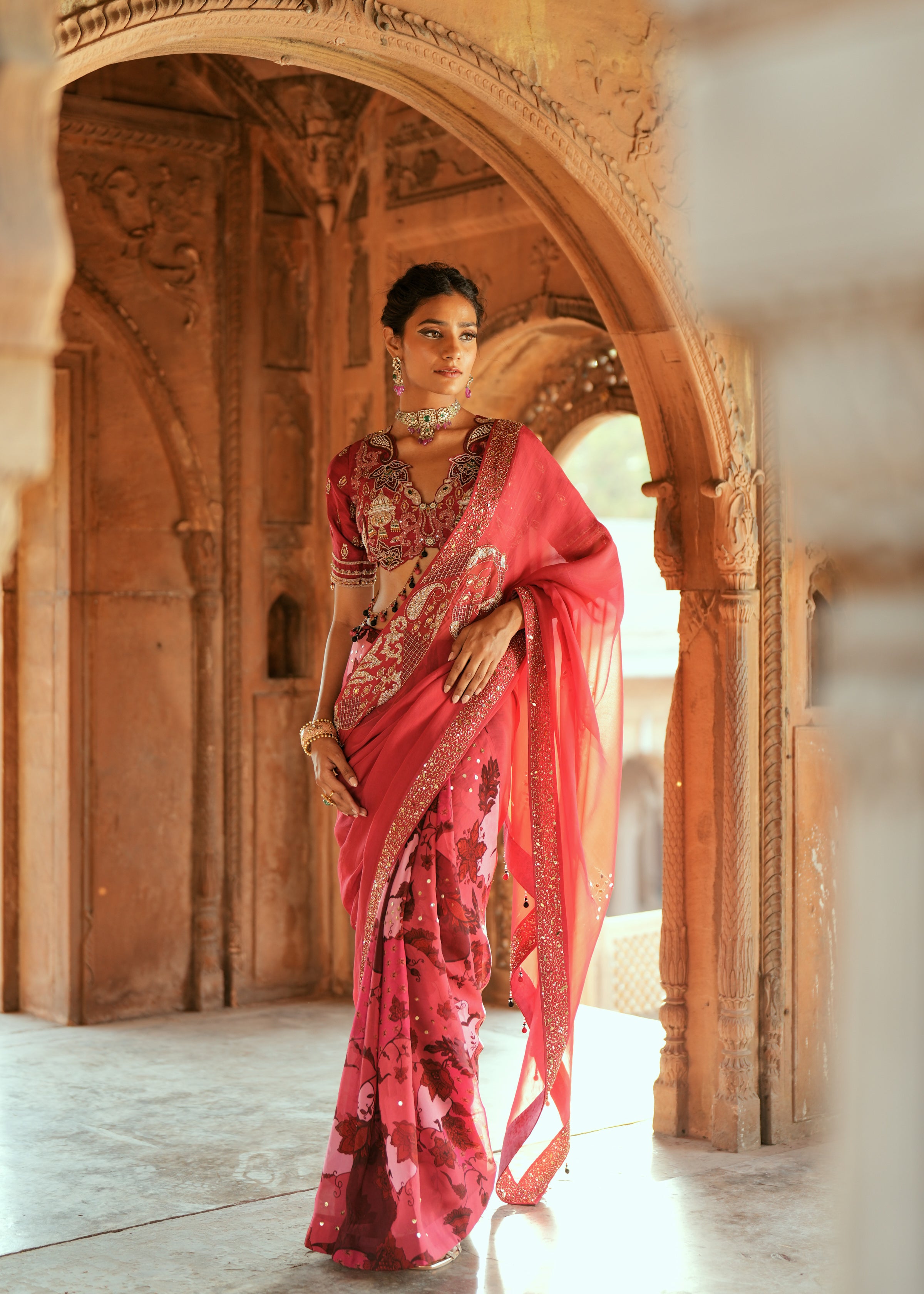 Pink organza embroidered saree set
