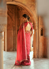 Pink organza embroidered saree set