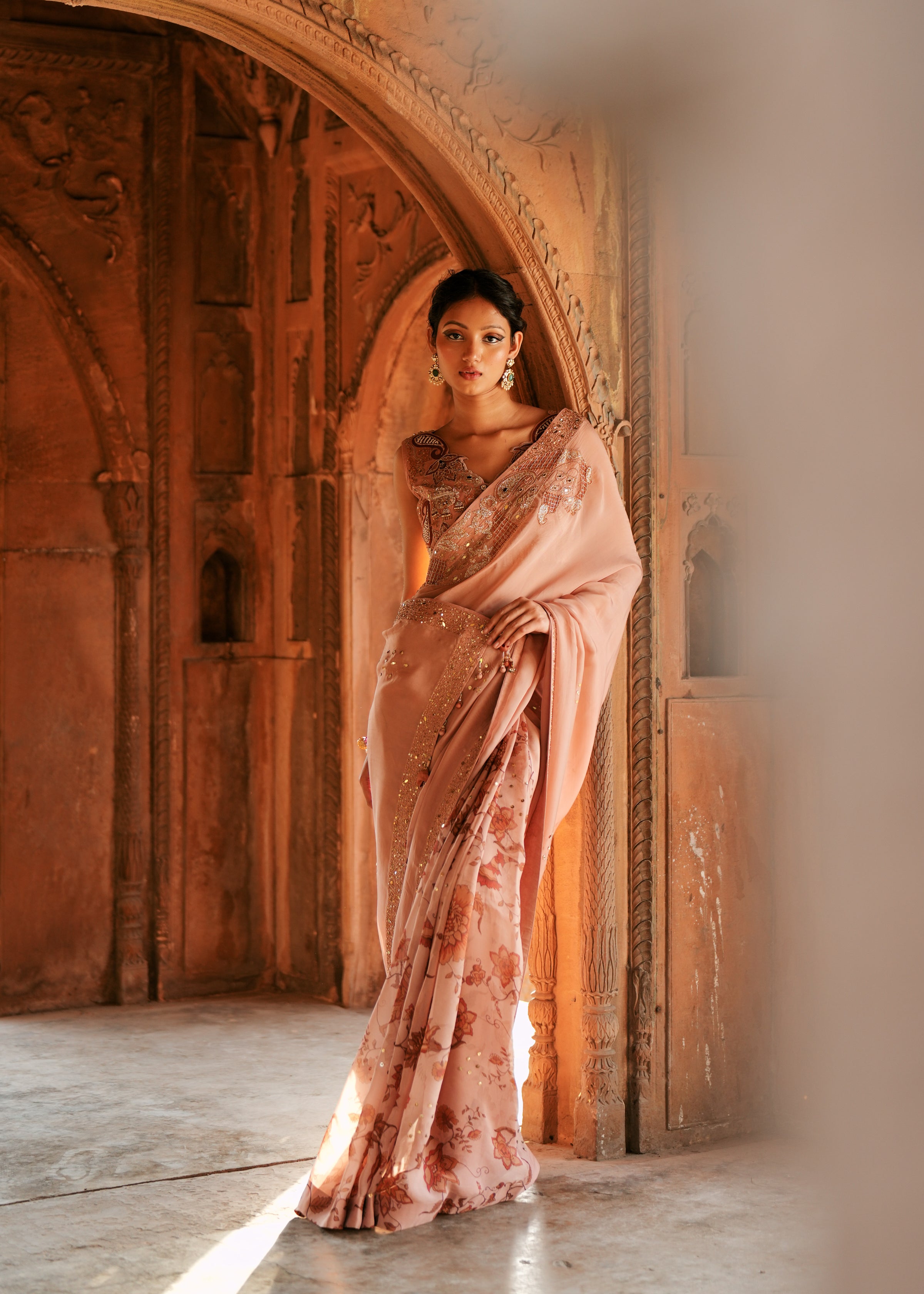 Powder pink organza embroidered saree set