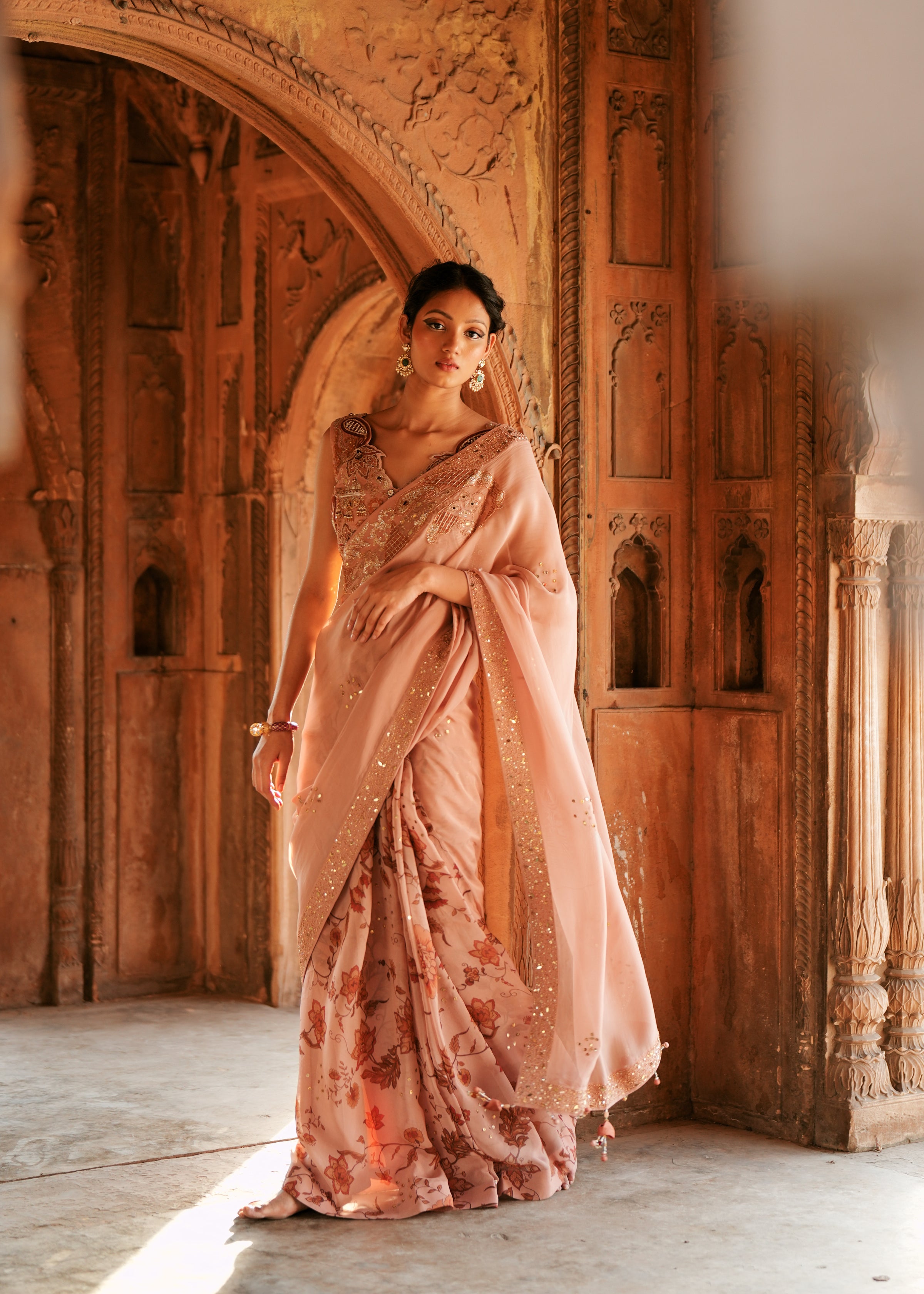 Powder pink organza embroidered saree set